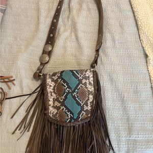 Brown and Teal Fringe Crossbody Bag